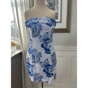 Runaway The Label Mini Dress Blue Floral Brocade Cocktail Rehearsal Dinner XS